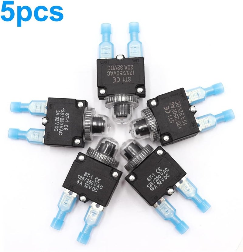 mxuteuk 5Pcs 3,5,10,15,20Amp Circuit Breakers Push Button Manual Reset 125/250V AC 32V DC,Overload Protector Switch Thermal Circuit Breakers with Quick Connect Terminals and Waterproof Button Caps - Image 4