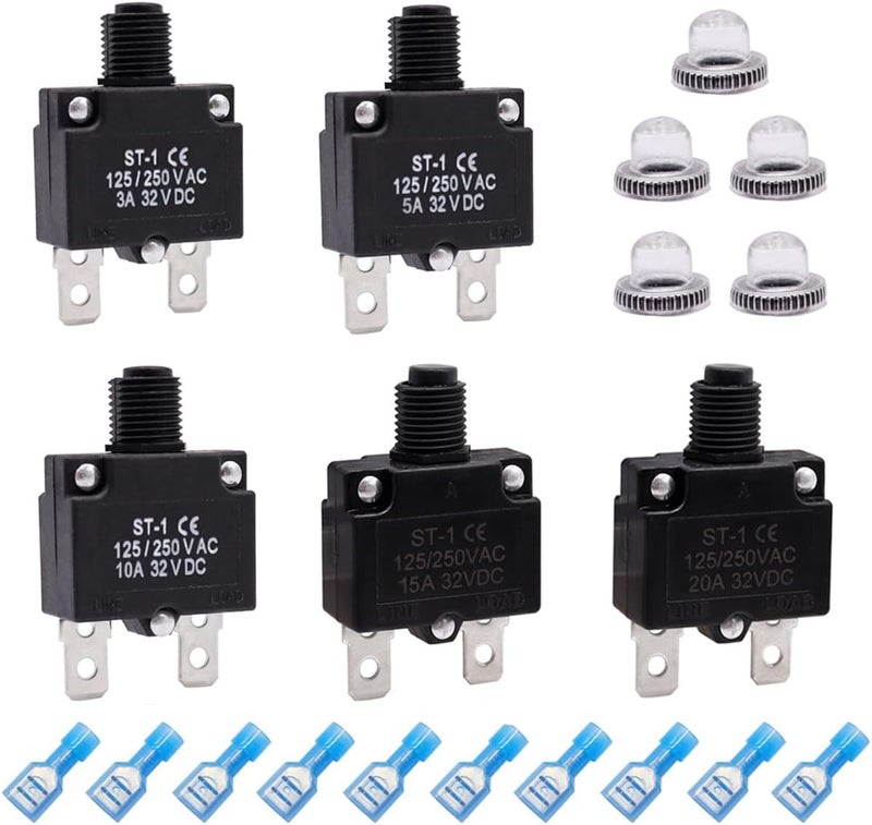mxuteuk 5Pcs 3,5,10,15,20Amp Circuit Breakers Push Button Manual Reset 125/250V AC 32V DC,Overload Protector Switch Thermal Circuit Breakers with Quick Connect Terminals and Waterproof Button Caps - Image 1