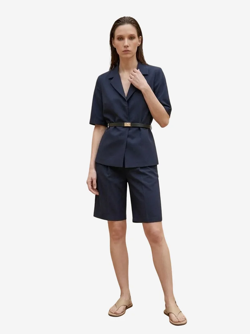 My Fashion Navy Blue MY FASHION Belted Short Jacket and Wide-Leg Trousers Set for Women | Best Price UAE