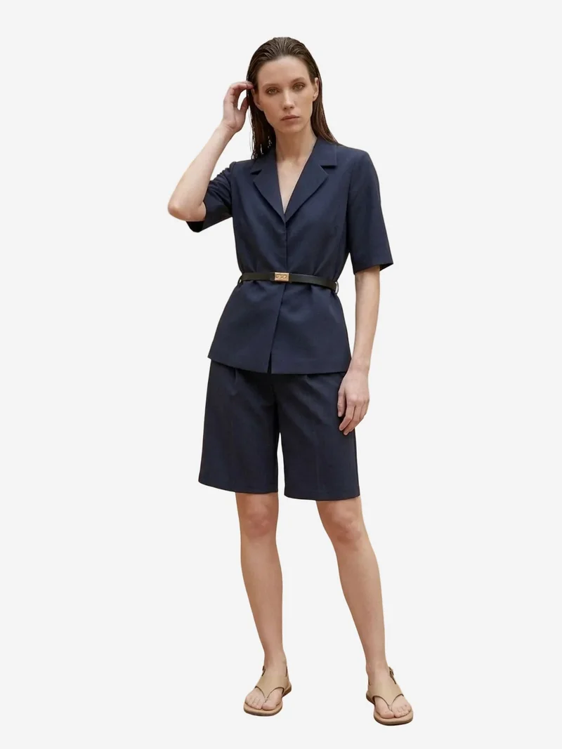 My Fashion Navy Blue MY FASHION Belted Short Jacket and Wide-Leg Trousers Set for Women | Best Price UAE