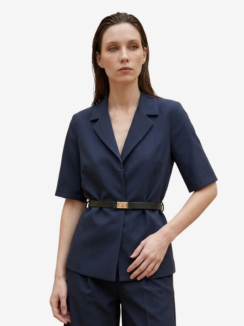 My Fashion Navy Blue MY FASHION Belted Short Jacket and Wide-Leg Trousers Set for Women | Best Price UAE