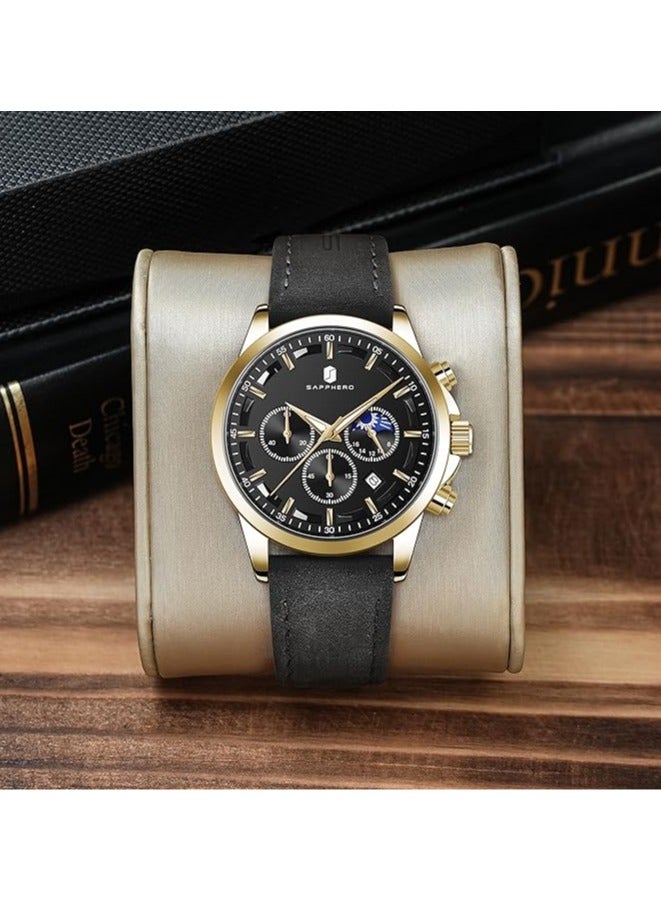 Sapphero Mens Watches Multifunction Chronograph Date Quartz Watch for Men Leather Band Analog Wrist Watch Gift for Men Casual Business - Image 5