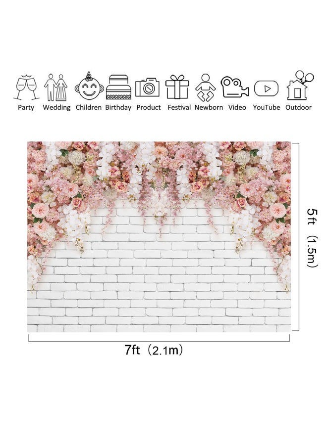 Riyidecor Wedding Flower Wall Backdrop Polyester Fabric Pink Bridal Shower Brick Floral Blossom Romantic Rose Plant Elegant 7Wx5H Feet Women Girls Photography Background Wedding Photo Studio Shoot - Image 3