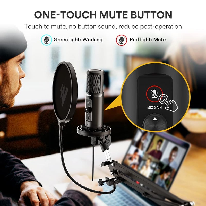 Maono AU-PM422 Podcast Microphone with Zero Latency Monitoring, 192KHZ/24BIT Professional Cardioid Condenser Mic with Touch Mute Button and Mic Gain Knob for Recording, Podcasting, Gaming, YouTube - Image 3