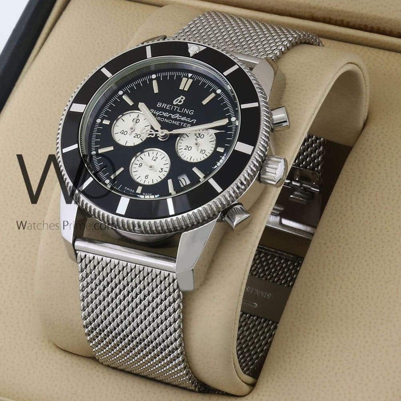 Breitling Black Watch for Men Chronograph with Silver Mesh Stainless steel Belt