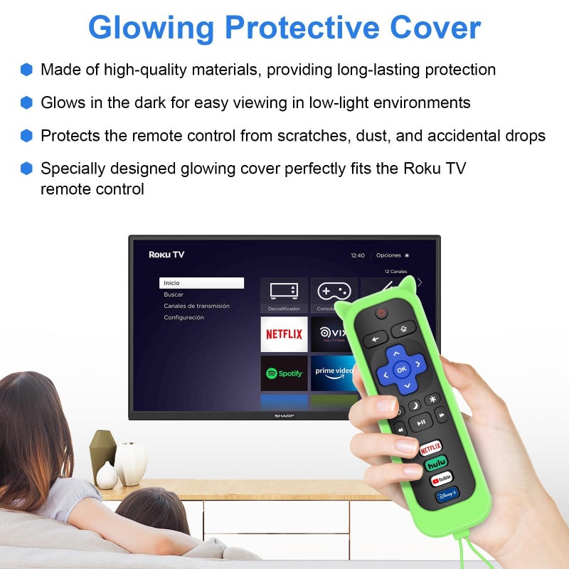 MOKEMAKE Remote for Roku TV & Cover, 2-Pack Replacement Compatible with Onn Roku Remote (Green) - Image 3