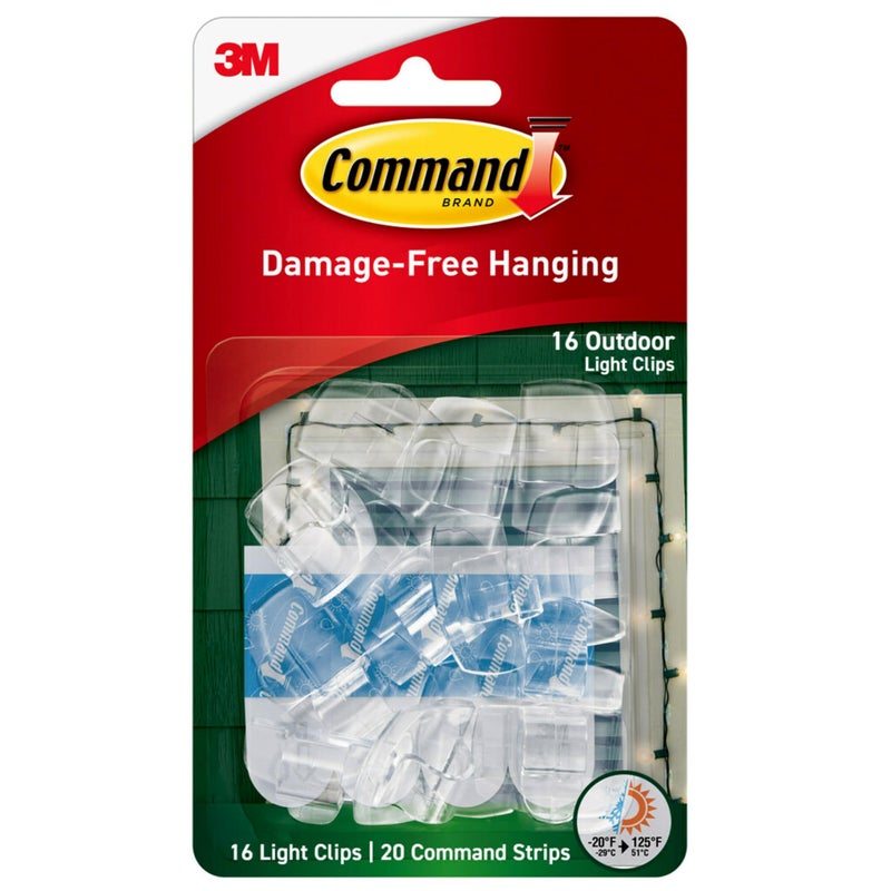 Command Outdoor Light Clips, 16 clips, 20 strips, Water-Resistant Adhesive (17017CLR-AWES), Clear (17017CLR-AW-E) - Image 1