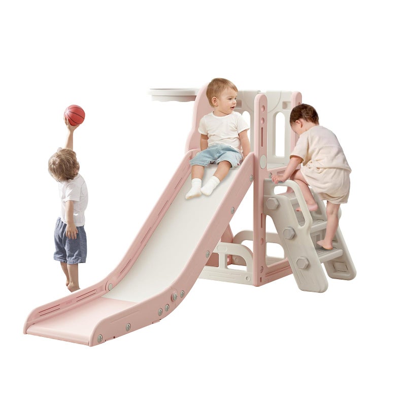 Baotree Toddler SlideKids Climber Slide with Storage Space and NonSlip StepsIndoor Outdoor Playset with Basketball Hoopa and TelescopeSlide for Toddlers Age 13 Pink - Image 2