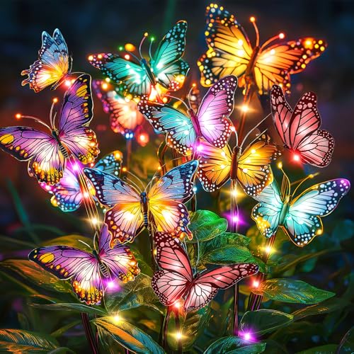 NFEVER Solar Lights Outdoor Garden Decor: Gardening Gifts for Women Mom - 2 Pack 34 Butterfly Solar Lights with Colorful Bulbs - Outside Waterproof Christmas Decorations for Yard Patio Pathway Porch Lawn - Image 1