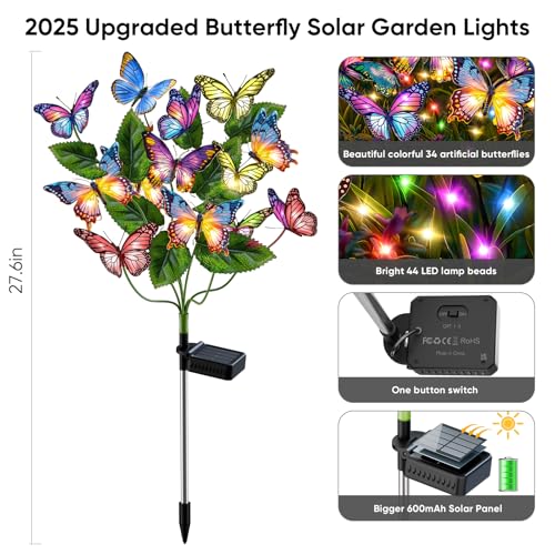 NFEVER Solar Lights Outdoor Garden Decor: Gardening Gifts for Women Mom - 2 Pack 34 Butterfly Solar Lights with Colorful Bulbs - Outside Waterproof Christmas Decorations for Yard Patio Pathway Porch Lawn - Image 2