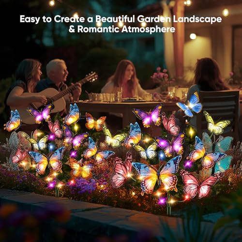 NFEVER Solar Lights Outdoor Garden Decor: Gardening Gifts for Women Mom - 2 Pack 34 Butterfly Solar Lights with Colorful Bulbs - Outside Waterproof Christmas Decorations for Yard Patio Pathway Porch Lawn - Image 3