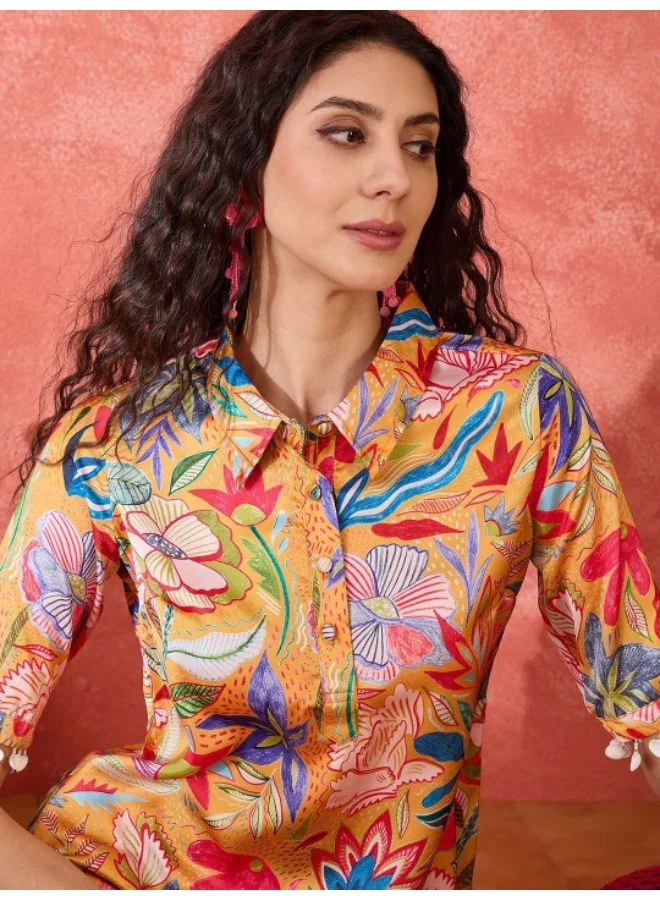 AKS Mustard Digital Print Pure Crepe Pathani Kurta Set