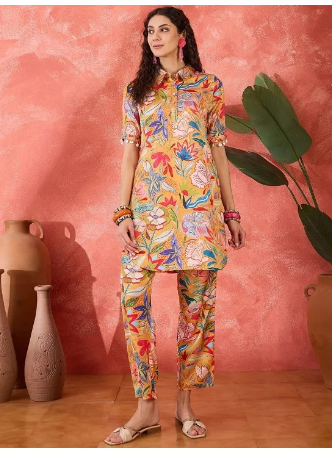 AKS Mustard Digital Print Pure Crepe Pathani Kurta Set