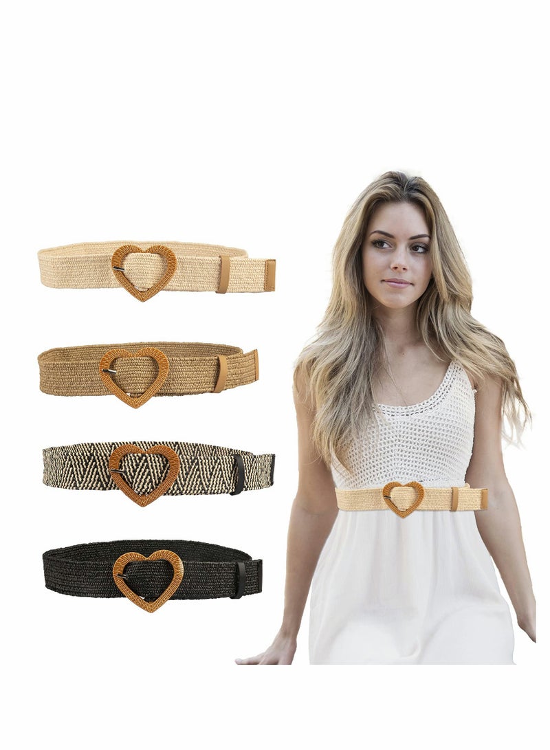 KASTWAVE 4 Pcs Straw Woven Elastic Stretch Waist Belt Skinny Dress Belt For Women Bohemian Ladies Dress Belts - Image 1