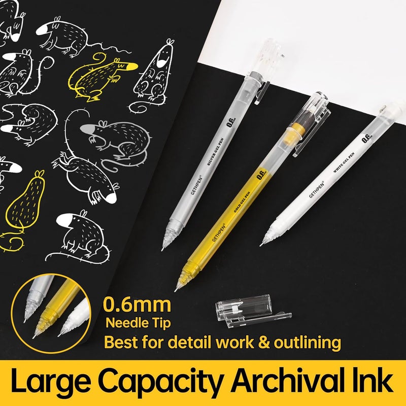GETHPEN 0.6mm Fine Point Silver Gel Pens, 3-Pack for Artists Drawing on Black Paper, Sketching, Adult Coloring Books & Modern Crafts - Image 3