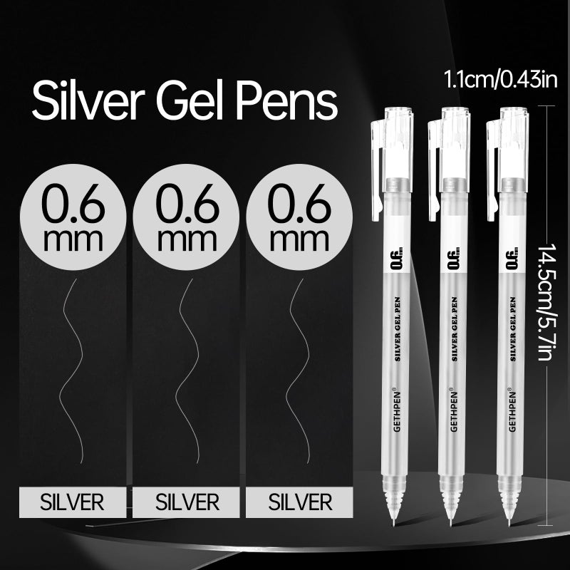 GETHPEN 0.6mm Fine Point Silver Gel Pens, 3-Pack for Artists Drawing on Black Paper, Sketching, Adult Coloring Books & Modern Crafts - Image 2