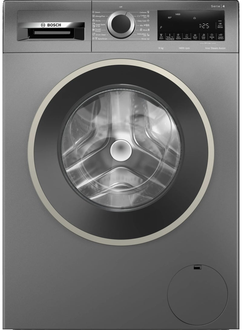 BOSCH Series 4 Front Load Washing Machine – 9 kg – 1400 RPM – EcoSilence Drive – Iron Steam Assist – AntiStain – SpeedPerfect – Reload Function – Cast Iron Grey – WGA244Z1EG 9 kg WGA244Z1EG Cast iron grey - Image 1