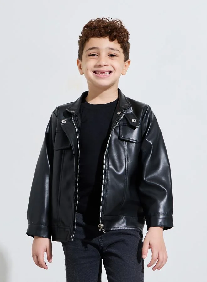 Styli Boys Black PU Biker Jacket with Zip Closure