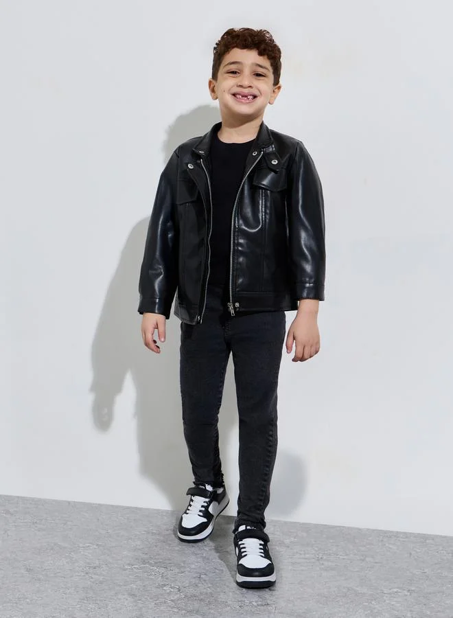 Styli Boys Black PU Biker Jacket with Zip Closure