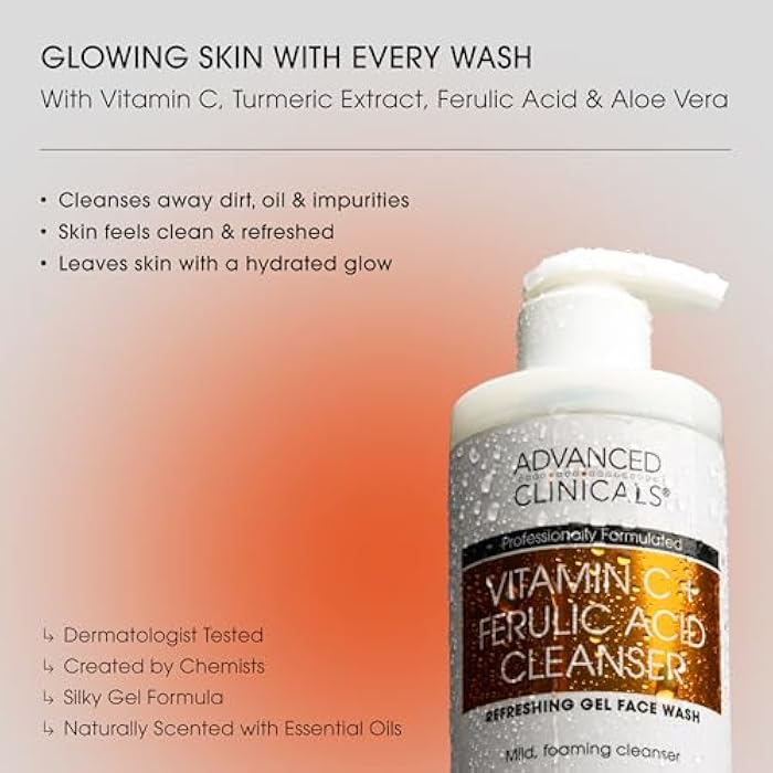 Advanced Clinicals Gentle Vitamin C Face Wash For Women & Men | Citrus Scented Gel Facial Cleanser Soap | Aloe Vera + Ferulic Acid Hydrating Foaming Wash For Cleansing Dirt & Oil, Large 11.75 Fl Oz - Image 2