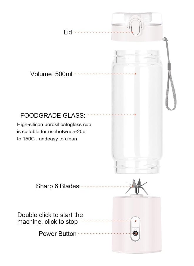 Generic - Portable Juicer, Personal Size Blender for Shakes and Smoothies, USB RechargeableStrong Cutting Capacity with 6 Blades, 500ml Juicer Cup - Image 1