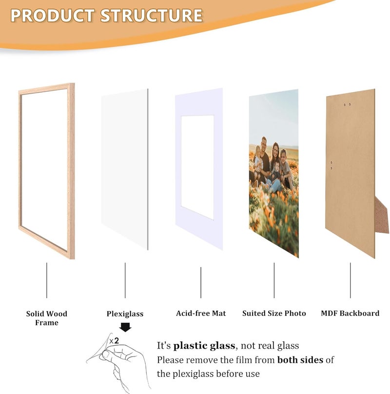ATOBART 8x10 Picture Frame, OAK Wood Photo Frame 5x7 with Mat or 8x10 without Mat with Perspex Glass for Vertical or Horizontal Tabletop Wall Display for Photos, Paintings, Birthday Christmas Gift, Set of 4 Varied size selections - Image 3
