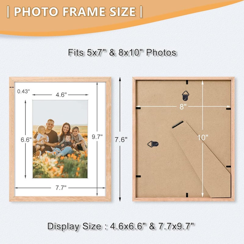ATOBART 8x10 Picture Frame, OAK Wood Photo Frame 5x7 with Mat or 8x10 without Mat with Perspex Glass for Vertical or Horizontal Tabletop Wall Display for Photos, Paintings, Birthday Christmas Gift, Set of 4 Varied size selections - Image 2