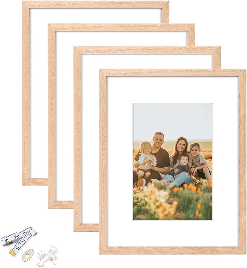 ATOBART 8x10 Picture Frame, OAK Wood Photo Frame 5x7 with Mat or 8x10 without Mat with Perspex Glass for Vertical or Horizontal Tabletop Wall Display for Photos, Paintings, Birthday Christmas Gift, Set of 4 Varied size selections - Image 1