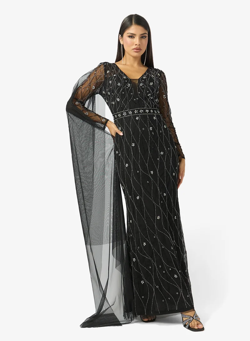 V Neck Bead Embellished A Line Evening Gown
