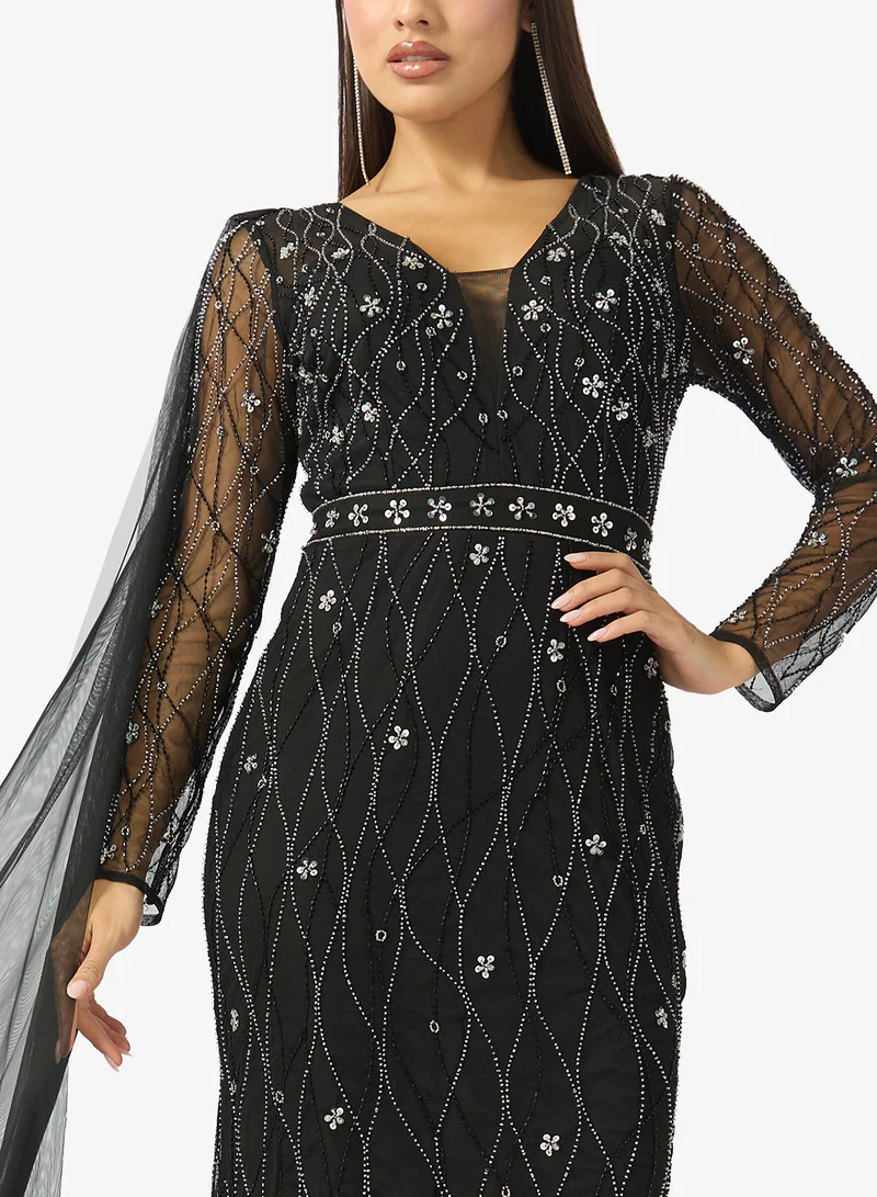 Namshi x  V Neck Bead Embellished A Line Evening Gown for Women | Best Price UAE