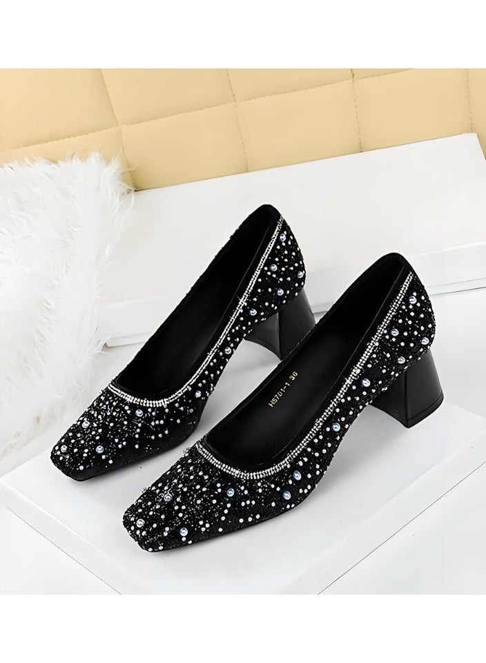 بيج تري المرأة لامعة سمينة منتصف الكعب مربع مغلق إصبع القدم مضخات الأسود 5CM - Image 1