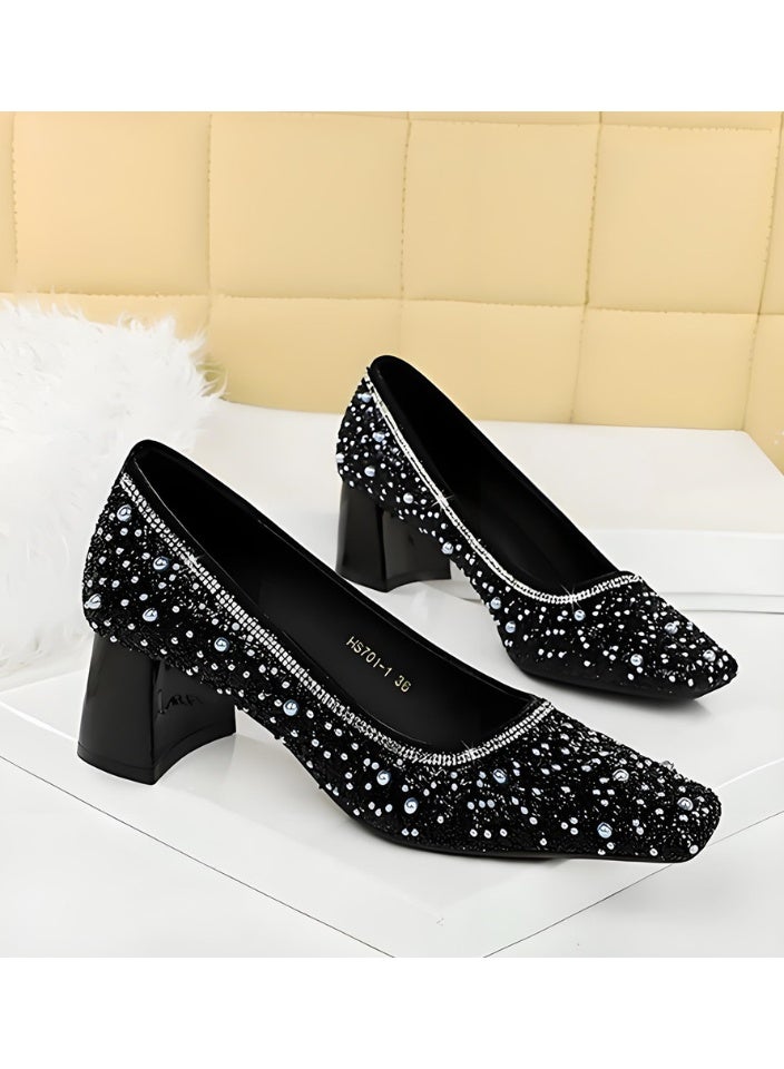 بيج تري المرأة لامعة سمينة منتصف الكعب مربع مغلق إصبع القدم مضخات الأسود 5CM - Image 2