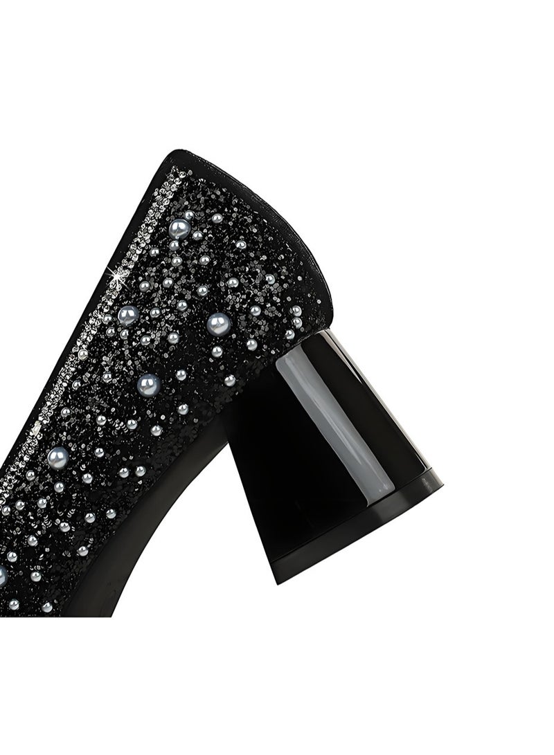 بيج تري المرأة لامعة سمينة منتصف الكعب مربع مغلق إصبع القدم مضخات الأسود 5CM - Image 3