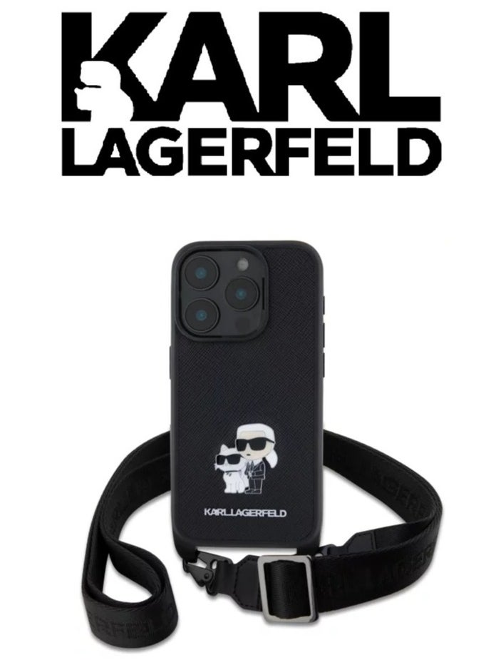 CG MOBILE iPhone 16 Pro Max Back Cover, Luxury French Design with Hand Strap, Original Logo and Leather Design, Approved by Global Brand Karl Lagerfeld (KARL LAGERFELD). From CG Mobile. Black  - Image 1