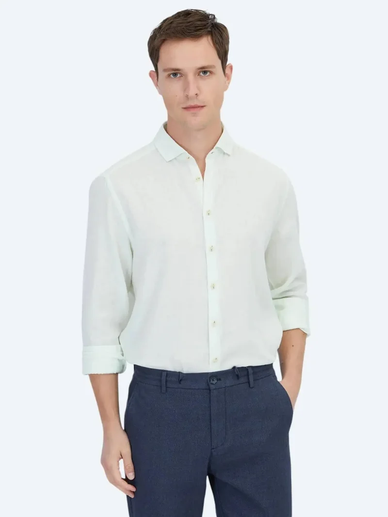 Kip See Green Plain Regular Fit Weaving Casual Cotton Blended Shirt