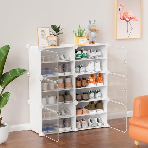 LiveCool Shoe Rack Plastic, 12-Layer Shoes Rack for Home Plastic, Closed Shoe Rack with Door&Metal Hook, Soft PP Plastic Shoe Stand Organiser Sneakers/Heels/Slippers on Bedroom Entryway,White (SR-W12) - Image 1