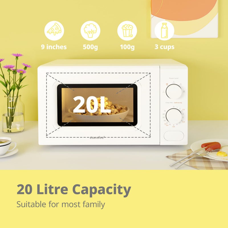 COMFEE' 700W 20L White Microwave Oven With 5 Cooking Power Levels, Quick Defrost Function, And Kitchen Manual Timer - Compact Design CM-M202CC(WH) - Image 2