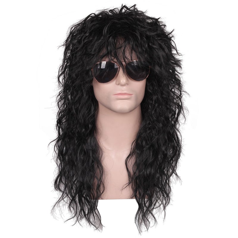FantaLook Mens 80S Long Curly Black Rocker Costume Wig - Image 1
