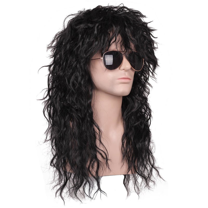 FantaLook Mens 80S Long Curly Black Rocker Costume Wig - Image 3
