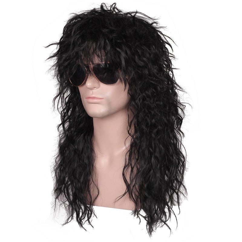 FantaLook Mens 80S Long Curly Black Rocker Costume Wig - Image 4