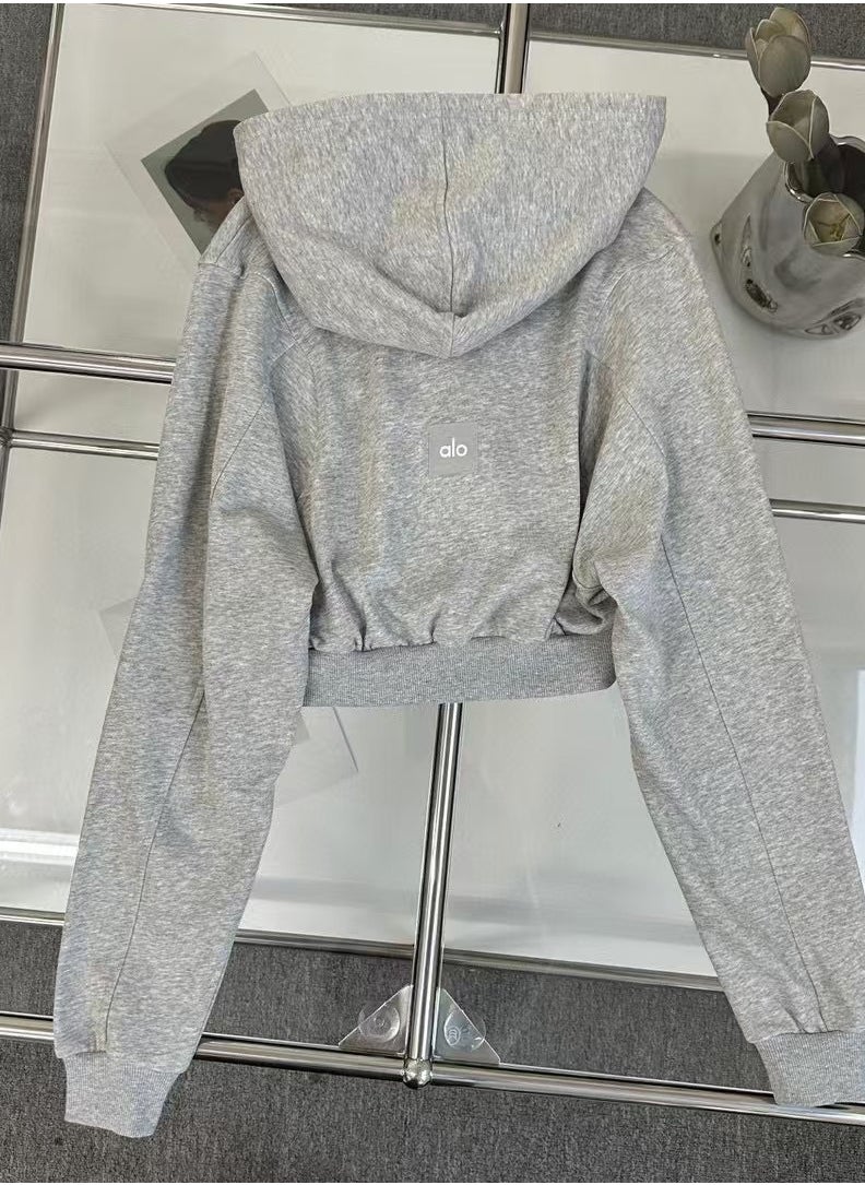 ALO Short Sleeve Zipper Women's Hooded Jacket - Spring/Autumn High-Waisted Slimming Sports Coat with Hood