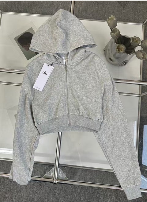 ALO Short Sleeve Zipper Women's Hooded Jacket - Spring/Autumn High-Waisted Slimming Sports Coat with Hood