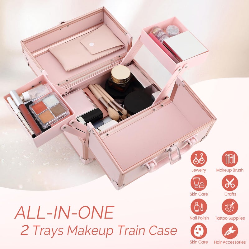 CHUANGJIN Makeup Train Case 2 Trays Makeup Box Organizer Portable Travel Makeup Case Lockable Makeup Storage Organizer Cosmetic Box for Jewelry Nail Tech Brushes Accessories Tool, Pink - Image 3