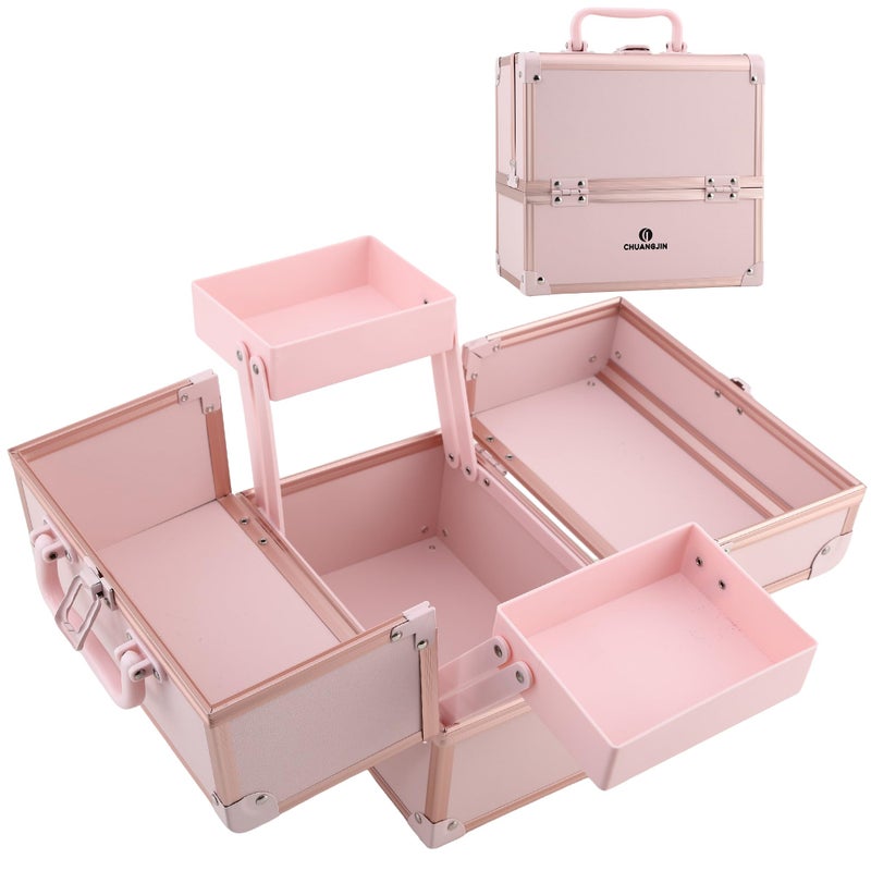 CHUANGJIN Makeup Train Case 2 Trays Makeup Box Organizer Portable Travel Makeup Case Lockable Makeup Storage Organizer Cosmetic Box for Jewelry Nail Tech Brushes Accessories Tool, Pink - Image 1