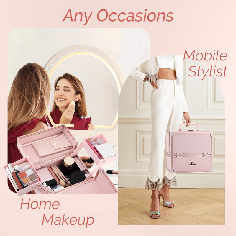 CHUANGJIN Makeup Train Case 2 Trays Makeup Box Organizer Portable Travel Makeup Case Lockable Makeup Storage Organizer Cosmetic Box for Jewelry Nail Tech Brushes Accessories Tool, Pink - Image 5