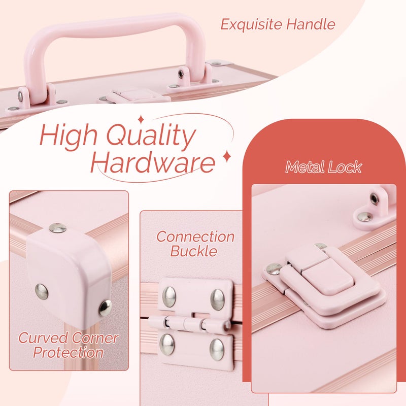 CHUANGJIN Makeup Train Case 2 Trays Makeup Box Organizer Portable Travel Makeup Case Lockable Makeup Storage Organizer Cosmetic Box for Jewelry Nail Tech Brushes Accessories Tool, Pink - Image 2