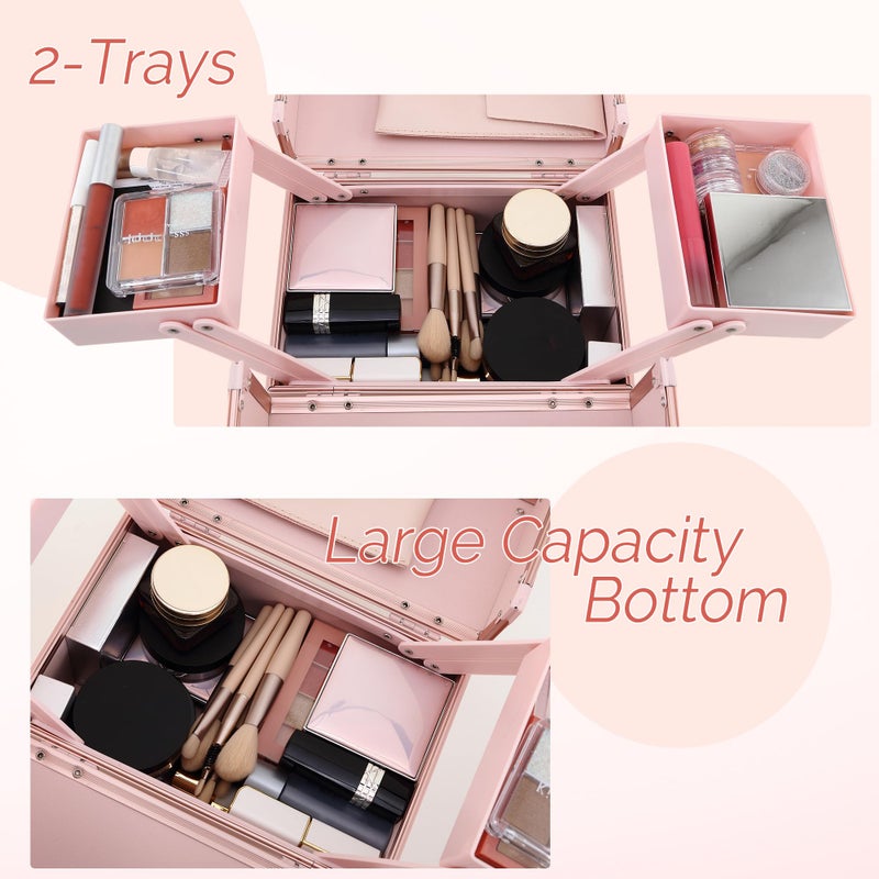 CHUANGJIN Makeup Train Case 2 Trays Makeup Box Organizer Portable Travel Makeup Case Lockable Makeup Storage Organizer Cosmetic Box for Jewelry Nail Tech Brushes Accessories Tool, Pink - Image 4