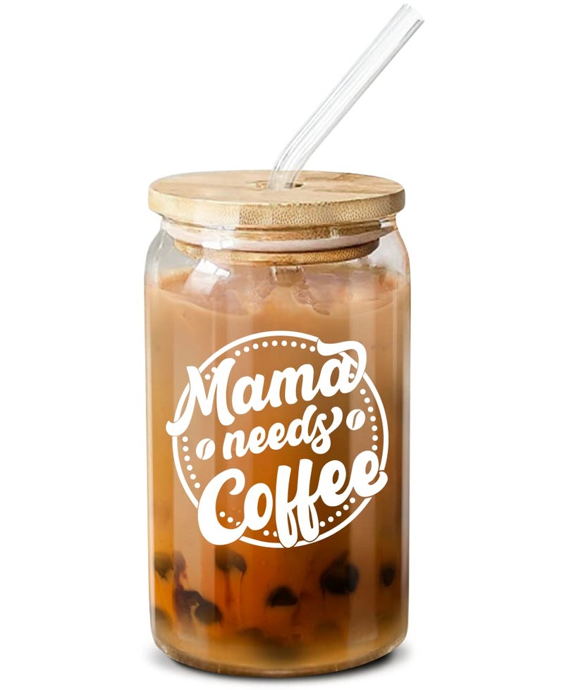 NEWELEVEN 16 Oz Coffee Glass  Mama Needs Coffee  Transparent Glass  Reusable  16 oz  Casual  Cold Drinks  Christmas Mothers Day Birthday  1 Count
