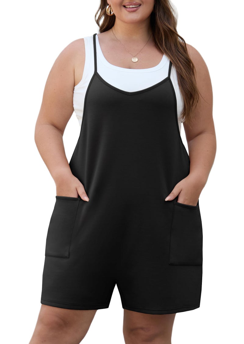 OLRIK Womens 2026 Summer Plus Size Romper Adjustable Spaghetti Strap Jumpsuits With Pockets Sleeveless Casual Overall Shorts Black-3X - Image 1