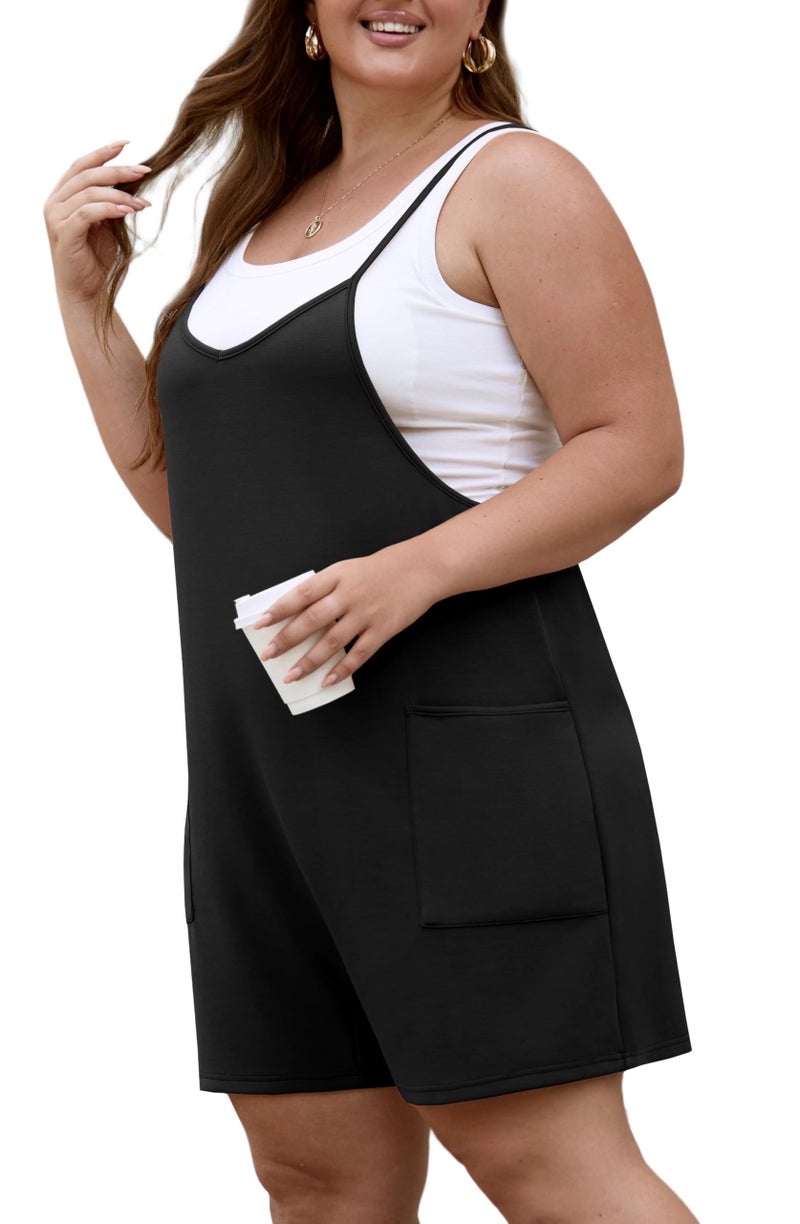 OLRIK Womens 2026 Summer Plus Size Romper Adjustable Spaghetti Strap Jumpsuits With Pockets Sleeveless Casual Overall Shorts Black-3X - Image 4
